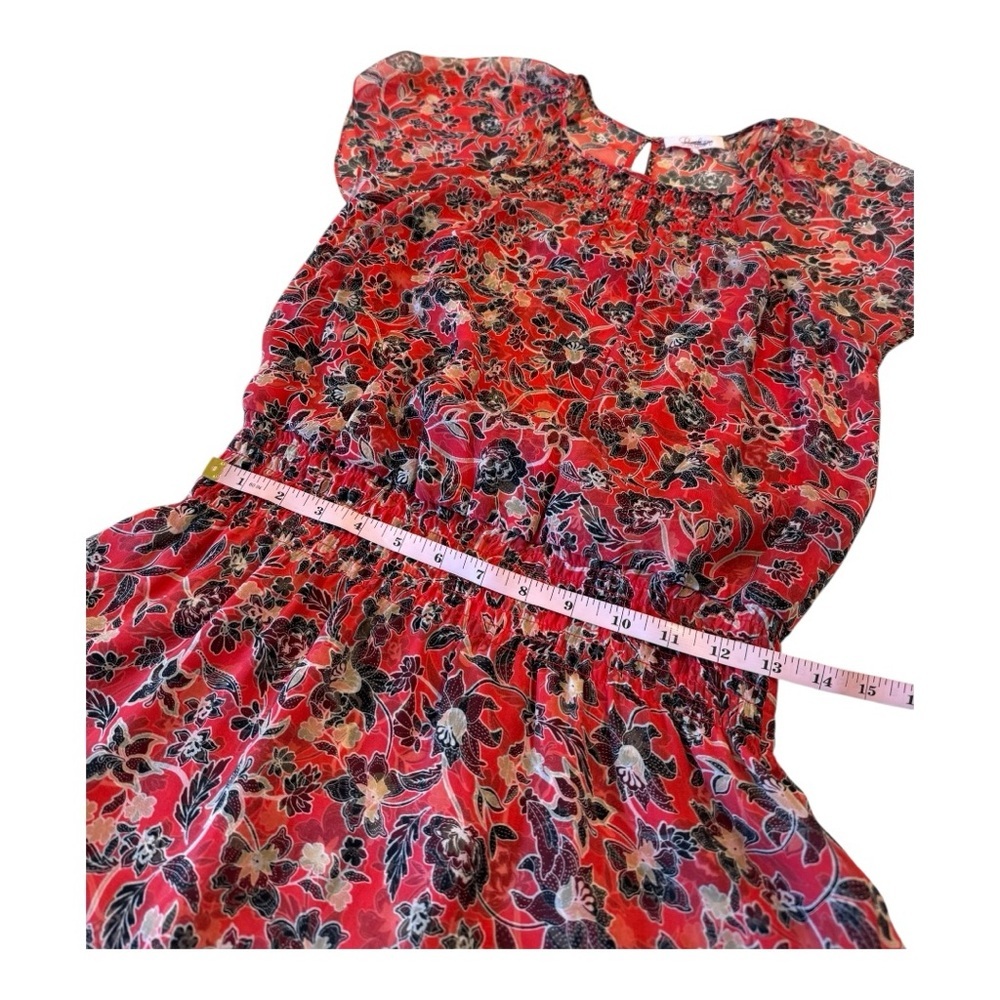 Parker Red Black Silk Floral V Neck Dress Mini Smocked Waist Ruffled Mini Dress - Picture 12 of 15